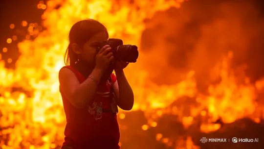 Young Photographer Captures Fiery Landscape – AI Generated Video | Hailuo AI