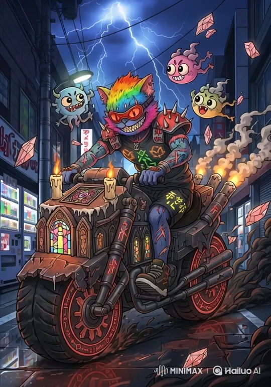 Punk Cat Rider on Gothic Motorcycle in Stormy Cyberpunk City – AI Generated Video | Hailuo AI