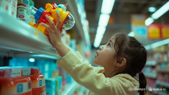 Young Girl Steals Toy in Supermarket Aisle – AI Generated Video | Hailuo AI
