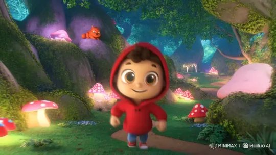 Magical Forest Adventure: Red Hoodie Boy Meets Glowing Creatures – AI Generated Video | Hailuo AI