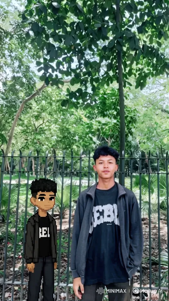 Young Man and His Pixel Avatar in Park Setting – AI Generated Video | Hailuo AI