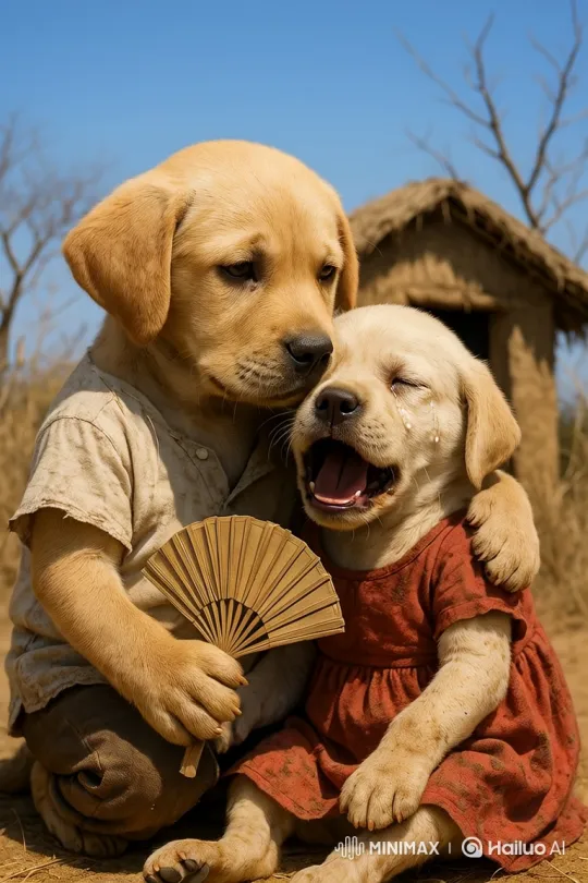 Labrador Puppies: Comforting Scene with Fan – AI Generated Video | Hailuo AI