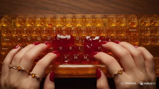 Jam-Covered Keyboard Typing: Slow-Motion ASMR – AI Generated Video | Hailuo AI