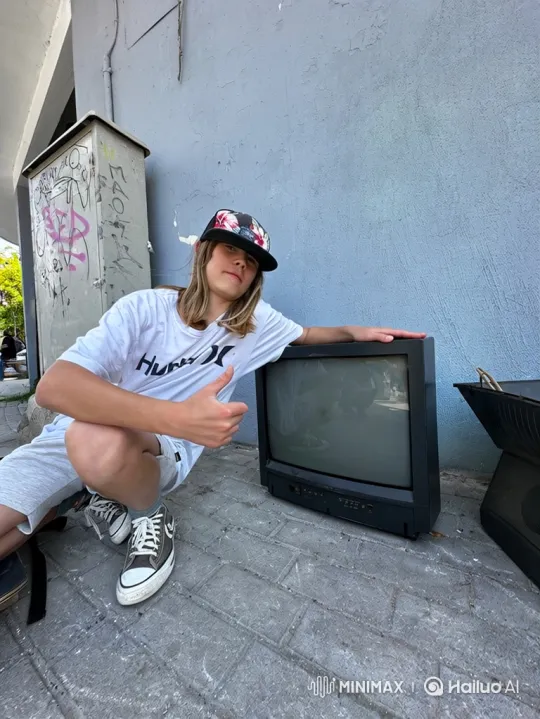 Young Person on Sidewalk with TV, Making Hand Gesture – AI Generated Video | Hailuo AI