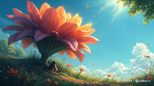 Tranquil Journey: Resting Under a Giant Flower – AI Generated Video | Hailuo AI