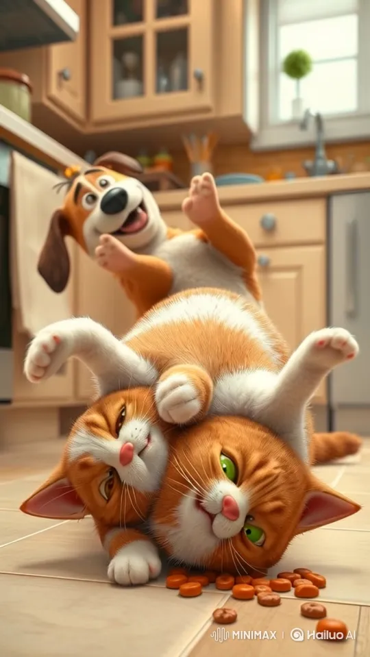 Animated Dog and Cat's Playful Tug-of-War Over Food Bowl – AI Generated Video | Hailuo AI