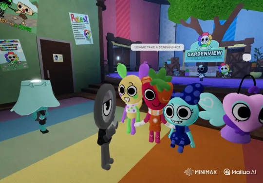 Cartoon Characters Pose for Screenshot at Gardenview Center – AI Generated Video | Hailuo AI