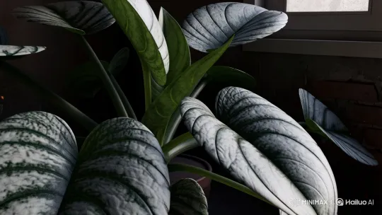 Alocasia Dragon Scale Plant in Shadowy Atmosphere – AI Generated Video | Hailuo AI