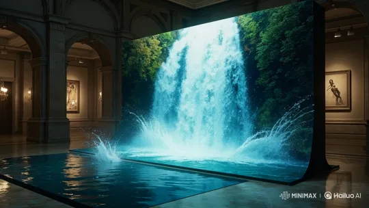 Immersive Digital Waterfall Installation Blurs Reality – AI Generated Video | Hailuo AI