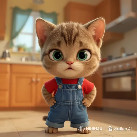Stylized Kitten Poses in Animated Kitchen Scene – AI Generated Video | Hailuo AI