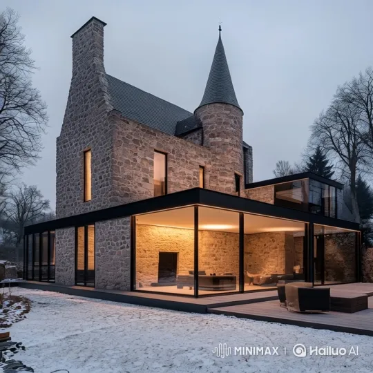 Historic Castle Meets Modern Glass Extension at Dusk – AI Generated Video | Hailuo AI