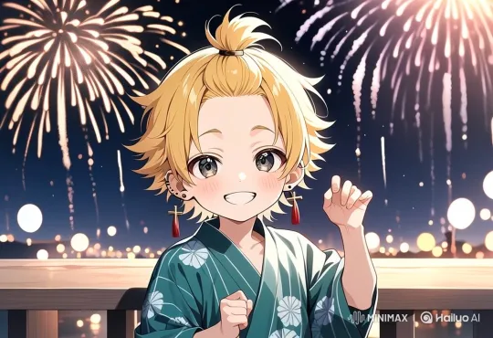Joyful Character Welcomes Viewers Amidst Nighttime Fireworks – AI Generated Video | Hailuo AI
