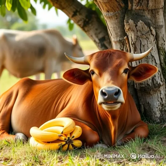 Calm Cow Resting with Bananas in Shady Pasture – AI Generated Video | Hailuo AI