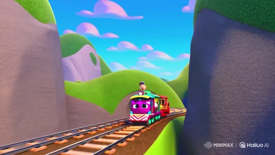 Joyful Cartoon Man Operates Colorful Train Through Majestic Hills – AI Generated Video | Hailuo AI