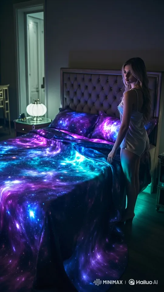 Woman Lies Down Under Cosmic Bedding, Glows Brightly – AI Generated Video | Hailuo AI