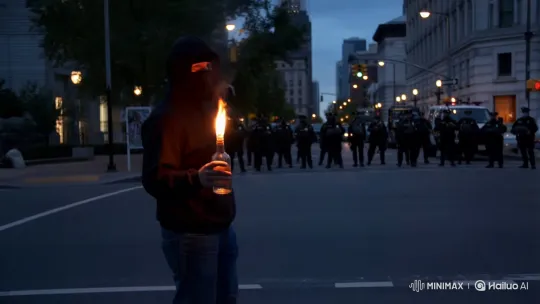 Masked Man Throws Molotov at Police on City Street – AI Generated Video | Hailuo AI