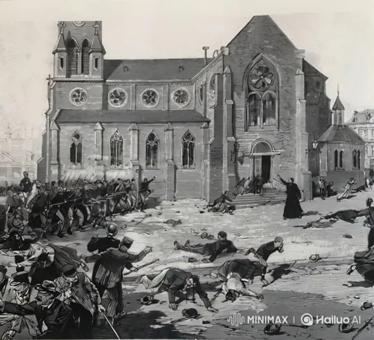 Historical Engraving Style Video Depicts a Tragic Civilian Massacre by Soldiers – AI Generated Video | Hailuo AI