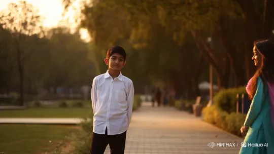 Serene Park Encounter: Boy and Girl's Golden Hour Smile – AI Generated Video | Hailuo AI
