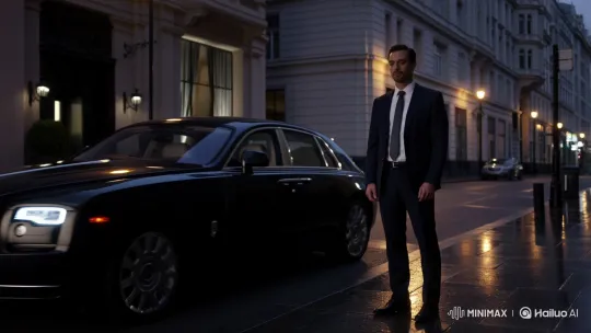 Confident Man Drives Away in Rolls-Royce on Dusk City Street – AI Generated Video | Hailuo AI
