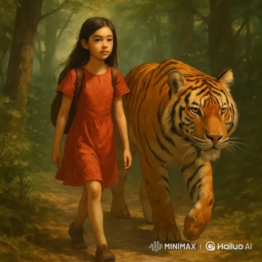 Young Girl and Tiger Walk Through Enchanted Forest – AI Generated Video | Hailuo AI