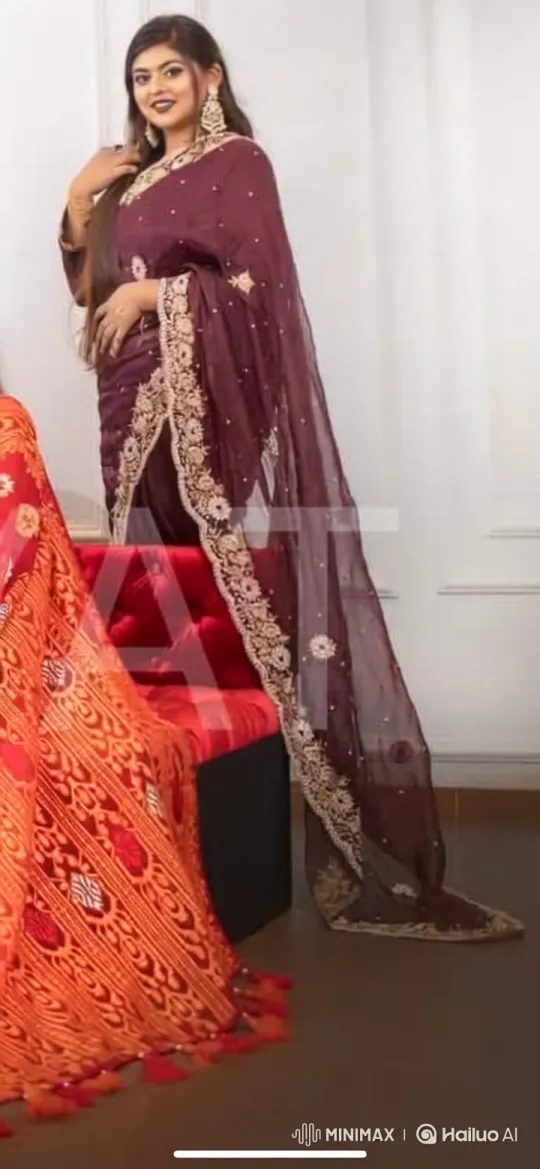 Woman Showcases Elegant Maroon Garment with Gold Embroidery – AI Generated Video | Hailuo AI