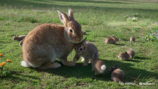 Mother Rabbit and Kitten Bond in Meadow – AI Generated Video | Hailuo AI