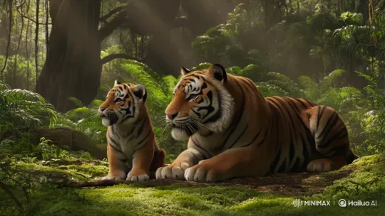 Father Tiger and Cub in Peaceful Jungle Setting – AI Generated Video | Hailuo AI