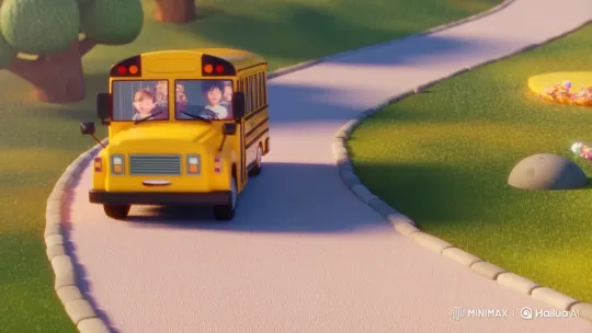 3D Animated School Bus Dancing on a Cute Road – AI Generated Video | Hailuo AI