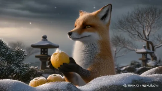 Kitsune Enjoying Frozen Loquat in Snowy Garden – AI Generated Video | Hailuo AI