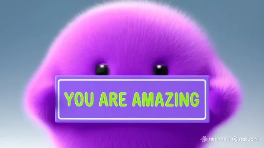 Purple Creature Flips Sign to Reveal Messages – AI Generated Video | Hailuo AI