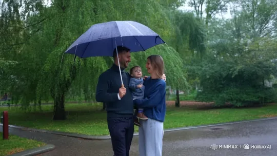 Family Enjoying Rain Under Umbrella in Park – AI Generated Video | Hailuo AI