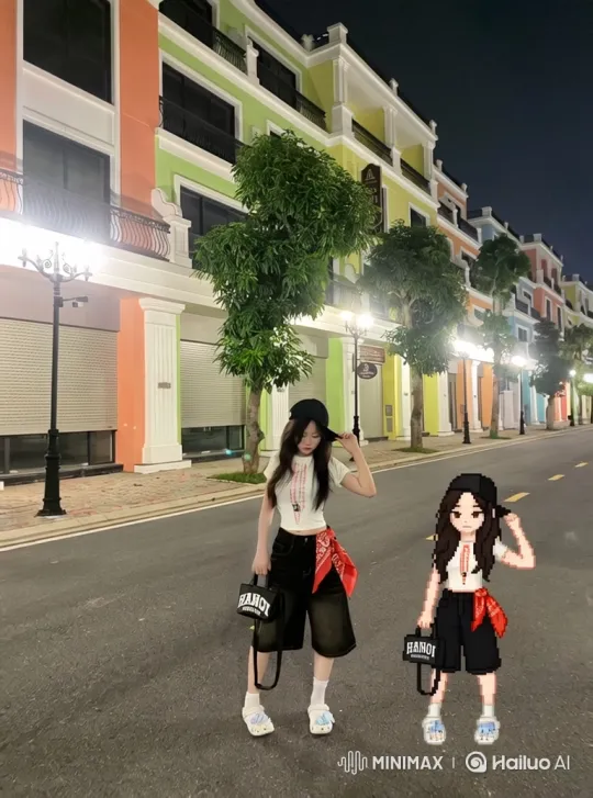 Young Woman and Pixelated Stand-In Pose in Nocturnal Cityscape – AI Generated Video | Hailuo AI