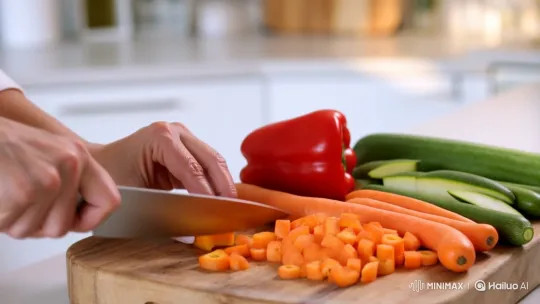 Hands Skillfully Chop Fresh Vegetables on Cutting Board – AI Generated Video | Hailuo AI