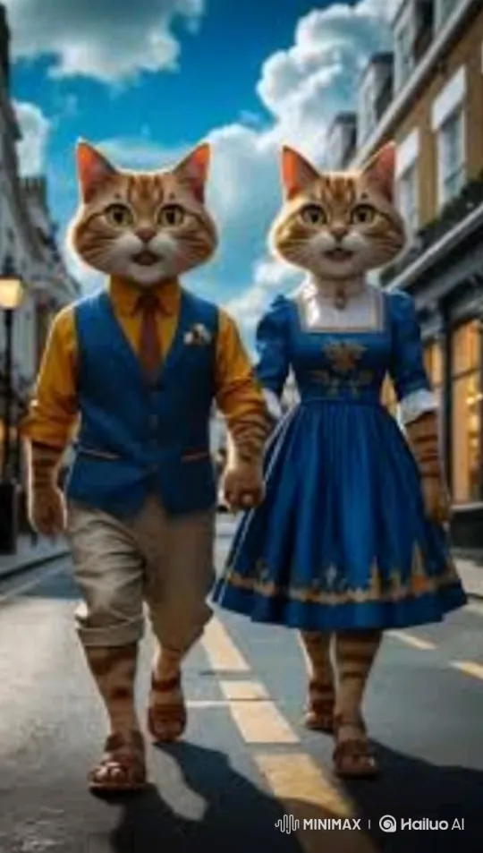 Anthropomorphic Cats Stroll and Chat on a Sunny Street – AI Generated Video | Hailuo AI