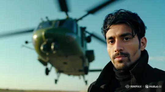 Man in Focus Amidst Moving Helicopter Background – AI Generated Video | Hailuo AI