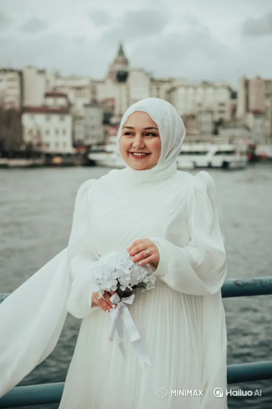 Young Woman Enjoying Flowers by Waterfront with City Skyline – AI Generated Video | Hailuo AI