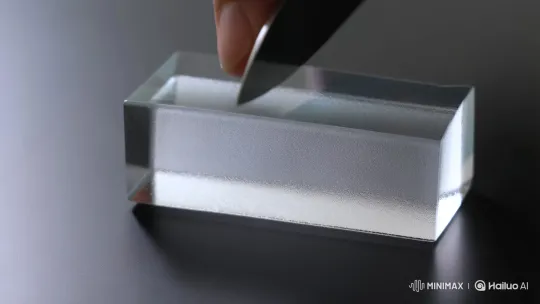 Precision Knife Slices Glass-Like Block in ASMR Video – AI Generated Video | Hailuo AI