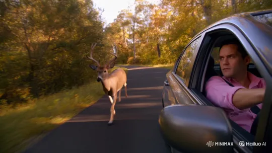 Man in Pink Shirt Chases Deer Through Forest Road – AI Generated Video | Hailuo AI