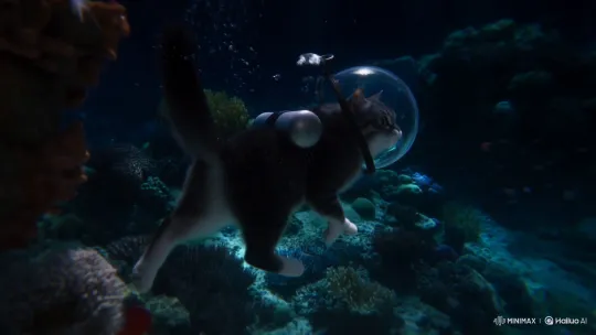 Domestic Cat in Scuba Gear Explores the Deep Sea – AI Generated Video | Hailuo AI