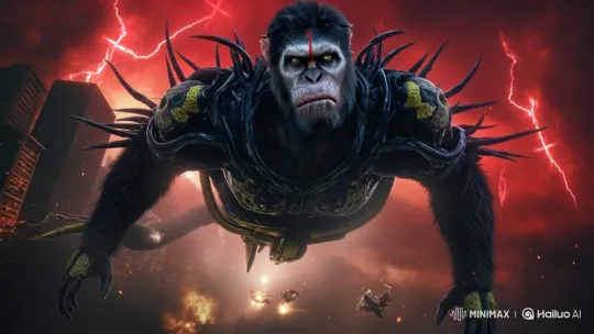 Heroic Ape Figure Destroys City in Fiery Impact – AI Generated Video | Hailuo AI