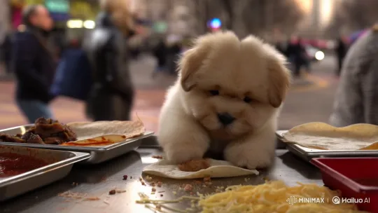 Mini Chow-chow Puppy Makes Burritos at City Food Stand – AI Generated Video | Hailuo AI