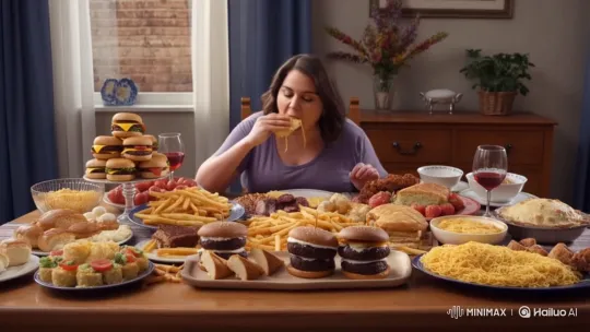 Woman Rapidly Gains Weight Eating Massive Feast – AI Generated Video | Hailuo AI