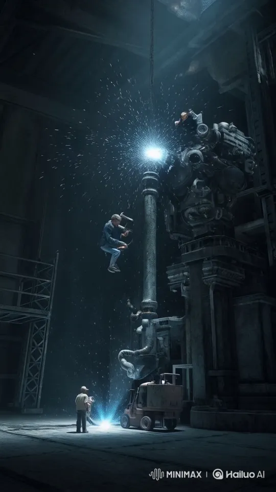 Miniature Mechanics Repair Colossal Engine in Live2D Animation – AI Generated Video | Hailuo AI