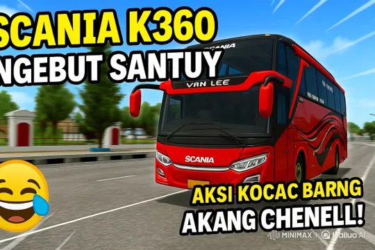 Red Scania Bus Sways Playfully on Hill with Police Car – AI Generated Video | Hailuo AI