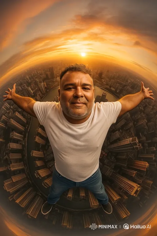 Man Embraces Vast Metropolis from Planet-like Cityscape – AI Generated Video | Hailuo AI