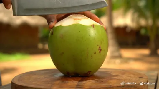 Green Coconut Cutting with Rustic Tree Background ASMR Video – AI Generated Video | Hailuo AI