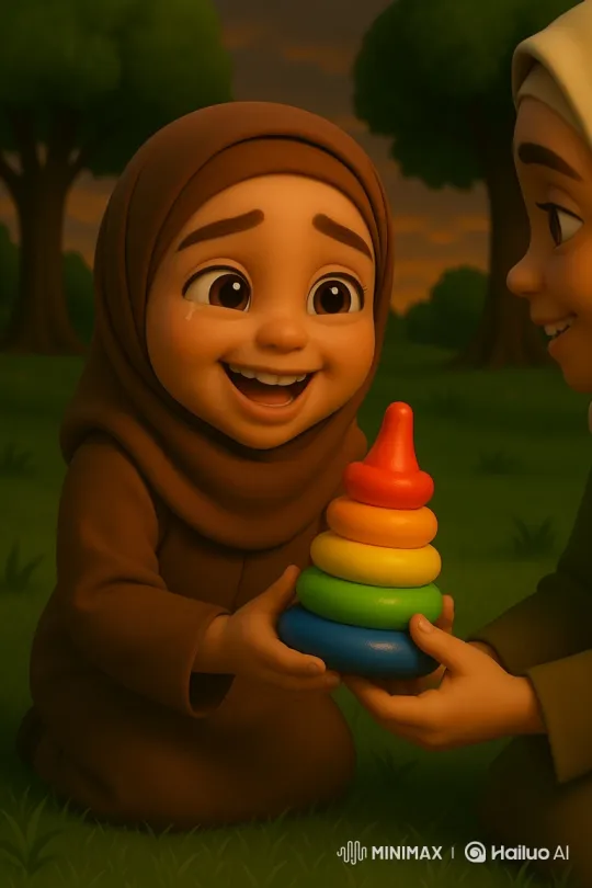 Girls Share Joyful Moment with Toy on Dusk Lawn – AI Generated Video | Hailuo AI