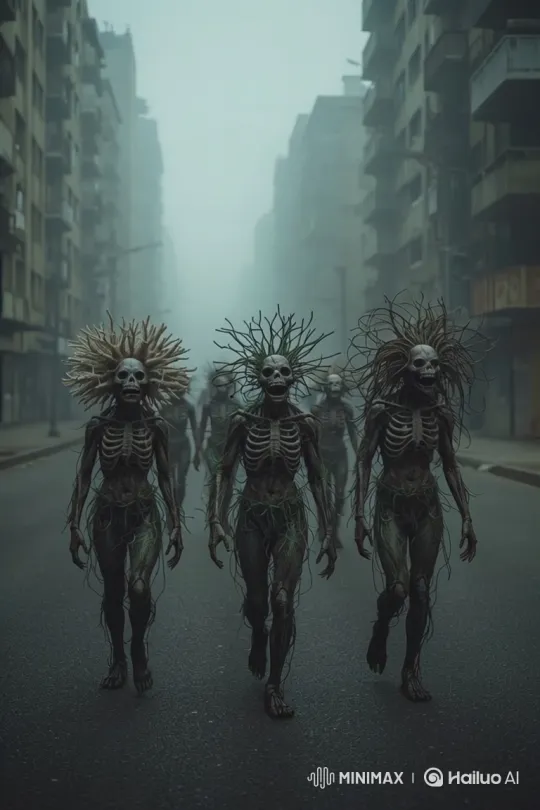 Skeletal Creatures Walk Through Foggy, Abandoned City – AI Generated Video | Hailuo AI