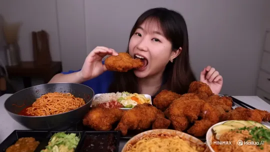 Enthusiastic Mukbang Host Eats and Engages with Viewers – AI Generated Video | Hailuo AI