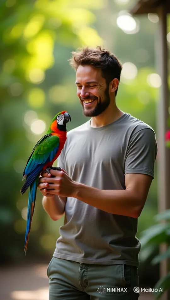 Cheerful Man Bites Into Hyper-Realistic Cake-Parrot – AI Generated Video | Hailuo AI